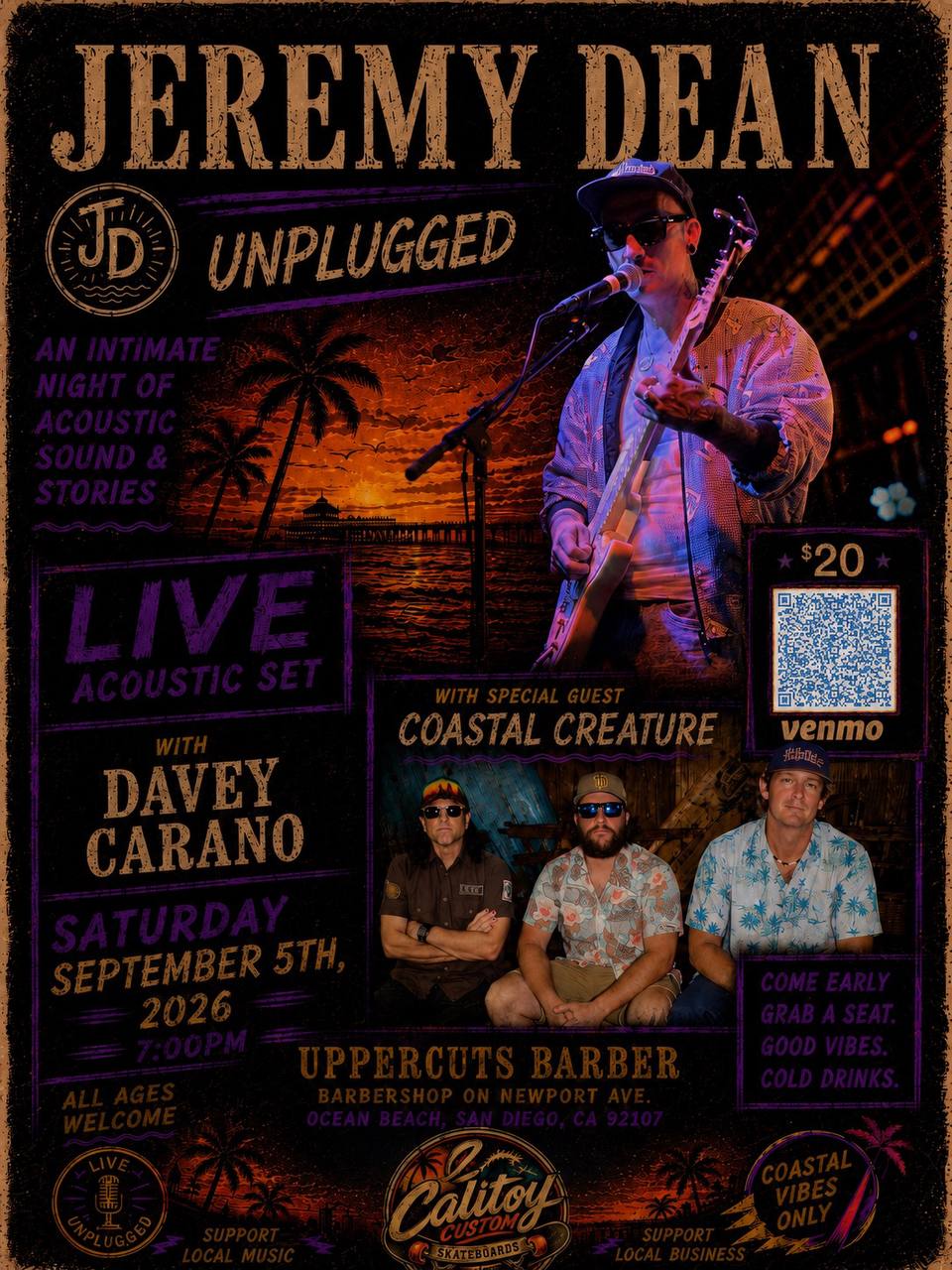 Jeremy Dean Unplugged event poster for September 5, 2026 at Uppercuts Barbershop.